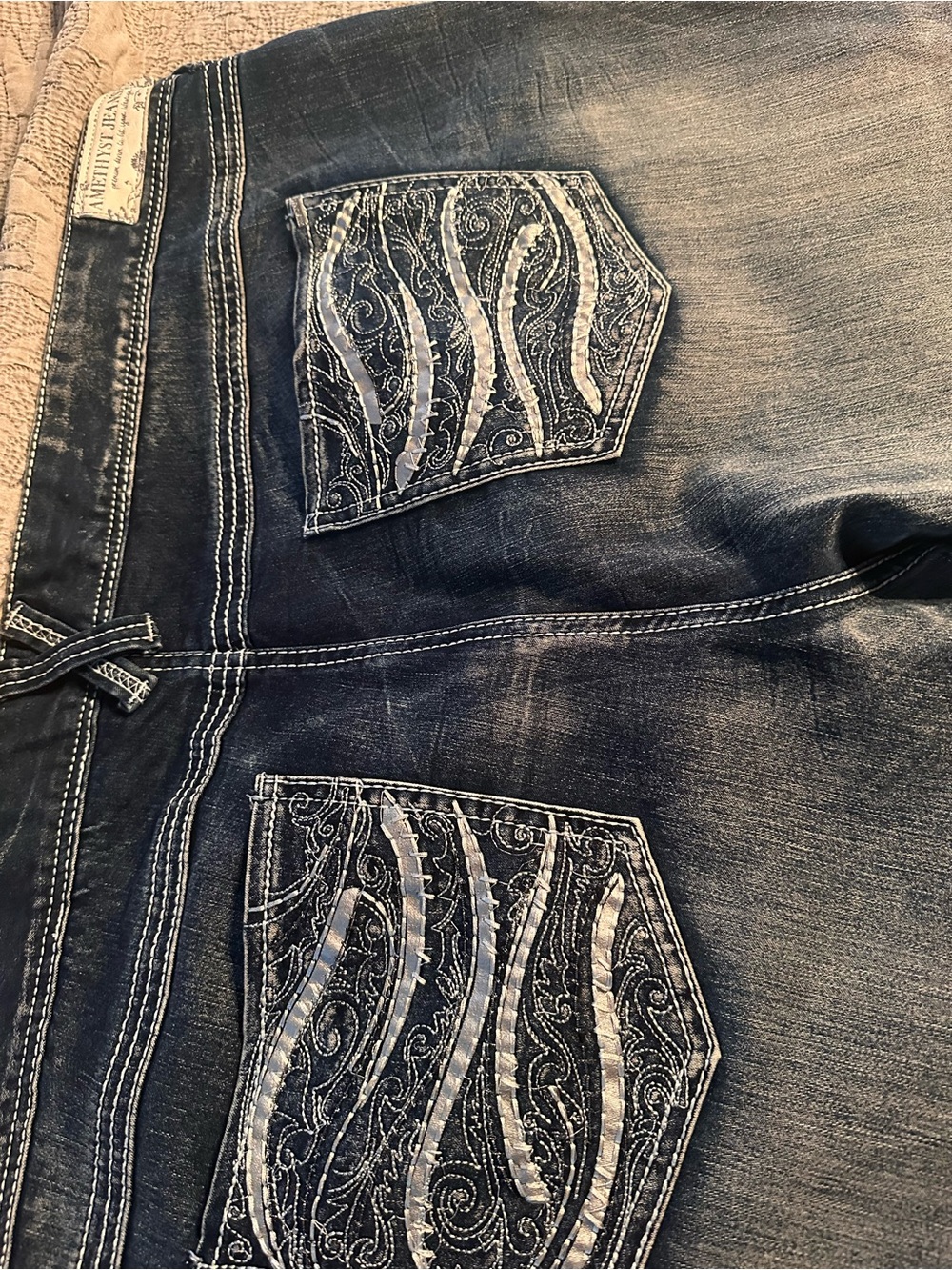Womens Dark Wash Embroidered Pocket Jeans